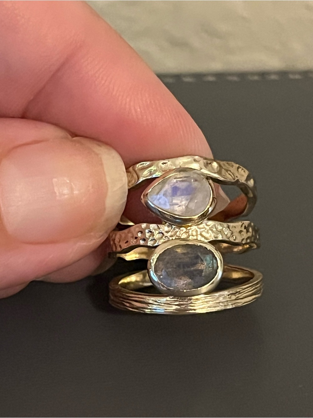 Gold Hammered Stacking Rings with Moonstone and Labradorite - Women's Jewelry - Picture 4 of 6
